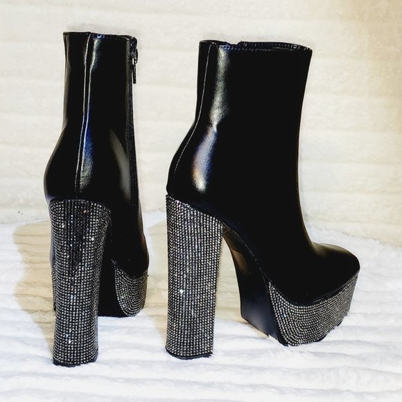 Nikki Black Leatherette Rhinestone Platform Chunky Heel Ankle Boots - Picture 14 of 17